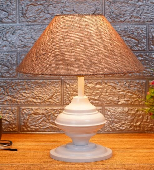 White Metal & Natural Fiber Brown Colour Table Lamp