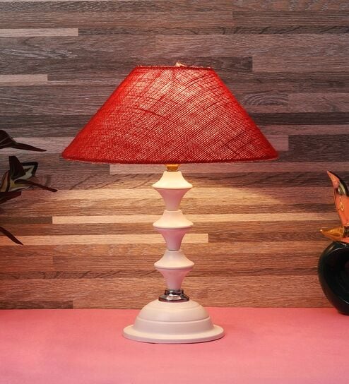 White Metal & Natural Fiber Red Colour Table Lamp