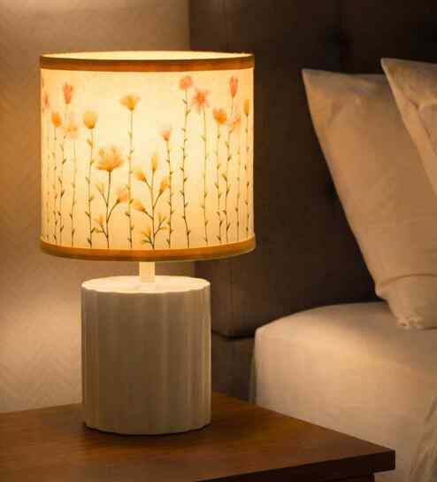 White Metal Base Table Lamp with Printed Shade for Living Room