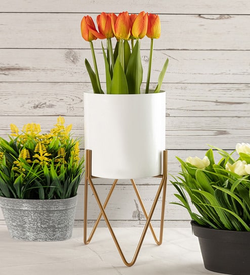 White Metal Desk Planter Set of 1 By Metalsmith