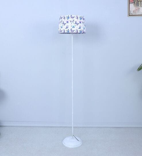 White Metal-Iron Base Foldable Floor Lamps Butterfly Print Satin Shade