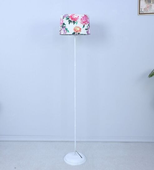 White Metal-Iron Base Foldable Floor Lamps Carnation Print Satin Shade