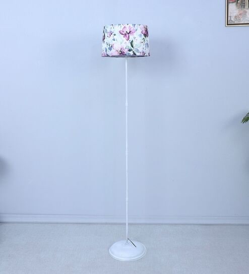 White Metal-Iron Base Foldable Floor Lamps Cobra Saffron Print Satin Shade