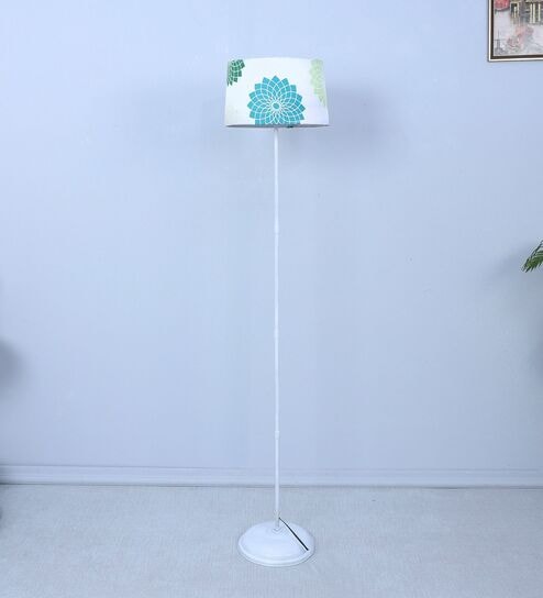 White Metal-Iron Base Foldable Floor Lamps Dahlia Floral Print Satin Shade
