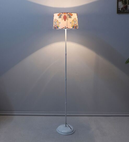 White Metal-Iron Base Foldable Floor Lamps English Oak Print Satin Shade