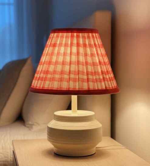 White Modern White Bedside Lamp with Red Check Shade