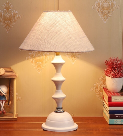 White Natural Fiber  Shade Table Lamp With Metal  Base by Foziq