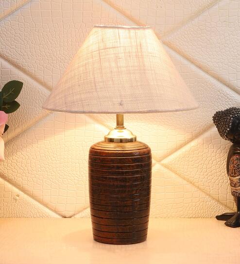 White Natural Fiber Shade Table Lamp With Brown Terracotta Base by Foziq