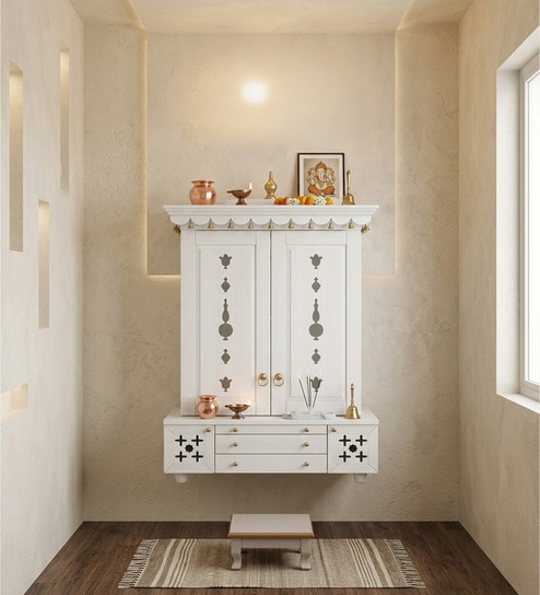 White Omkaram Teak Wooden Pooja Mandir With Door