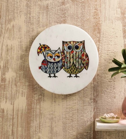 White Owlsome Digital Printed Marble Wall Plate