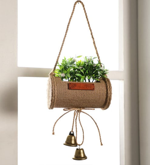 White Plastic Artificial Bonsai in Jute Duffle with Bells