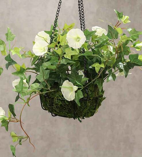 White Polyester Artificial Morning Glory Hanging Creeper Plant with Hanging Metal Stand
