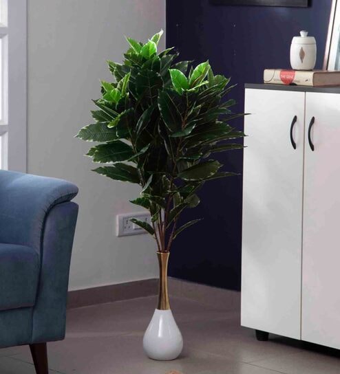 Polyester White With Medium Leaves Without Pot Artificial Plants