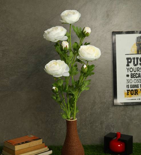 White Polyester Fabric Decorative Artificial Ranunculus Flowers Set of 2
