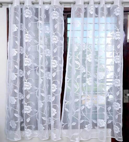 White Floral Polyester 5 Ft Sheer Eyelet Window Curtains (Set of 2)