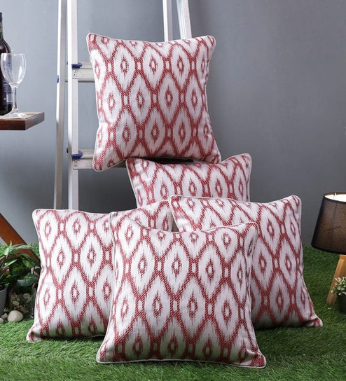 White Polyester Geometric 40x40 inches Cushion Covers Set of 5