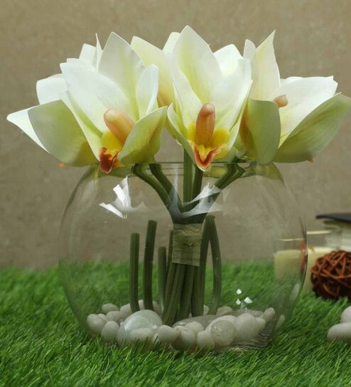 White Polyurethane Cymbedium Orchids Bunche Artificial Flowers