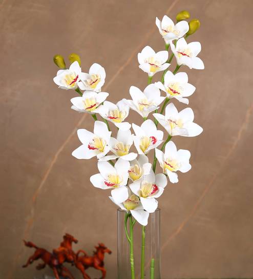 White Polyurethane Beautiful Artificial Cymbidium Orchid Flowers Set of 2