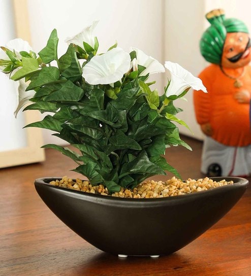 White Pvc Morning Glory Artificial Bonsai With Brown Ceramic Pot