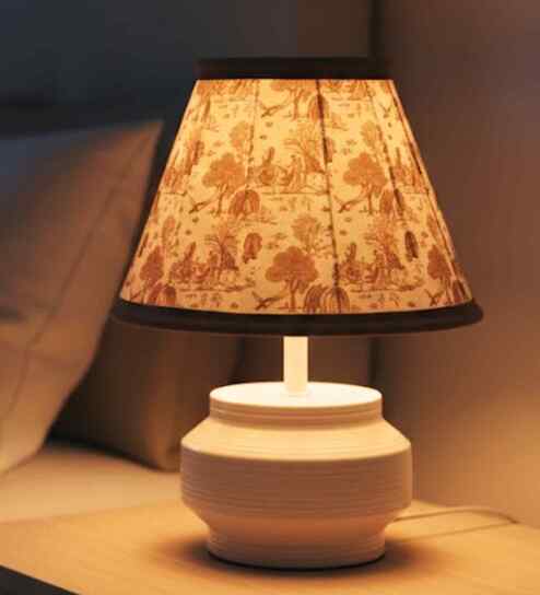 White Round Base Table Lamp with Printed Shade