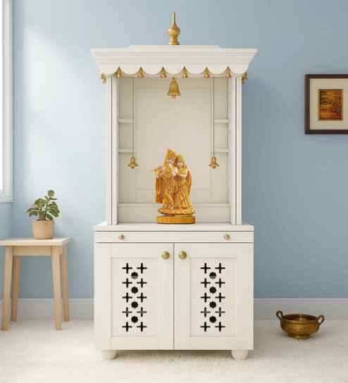 White Rudralaya Teak Wooden Pooja Mandir With Door