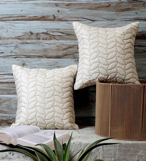 White Satin Floral 16x16 inches Cushion Covers (Pack of 2)