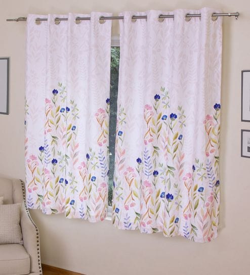 White Polyester Floral 5ft Semisheer Eyelet 2 Pcs Window Curtains by ROSARAHOME