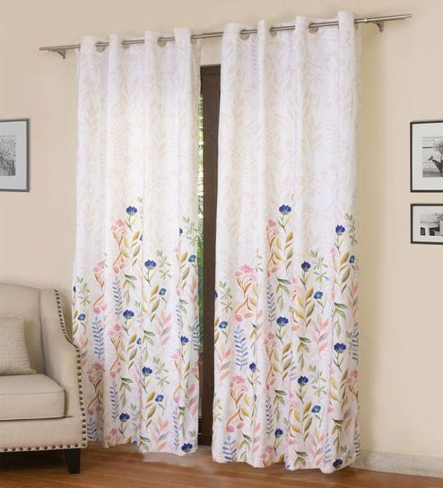 White Polyester Floral 7ft Semisheer Eyelet 2 Pcs Door Curtains by ROSARAHOME