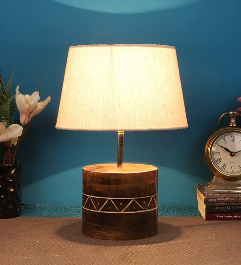 Desmond White Fabric Shade Table Lamp With Mango wood Base