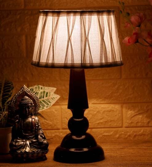 Metz White Fabric Shade Night Lamp With Wood Base By BrightDaisy