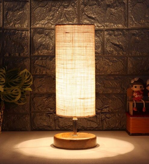 Nigella White Jute Shade Table Lamp With Wood Base by New Era