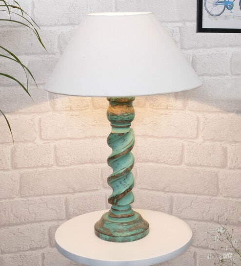 White Shade Table Lamp With Wooden Base