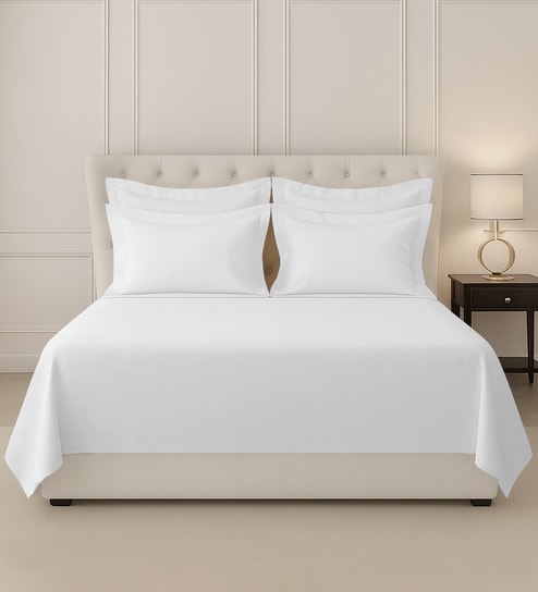 White Solid 400 TC Cotton Super King Sized Bedsheet with 4 Pillow Covers