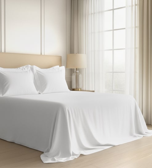 White Solid 600 TC Cotton Super King Sized Bedsheet with 4 Pillow Covers