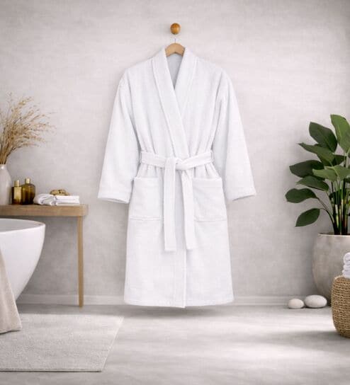White Solid Cotton Men Bath Robe With Belt (L)