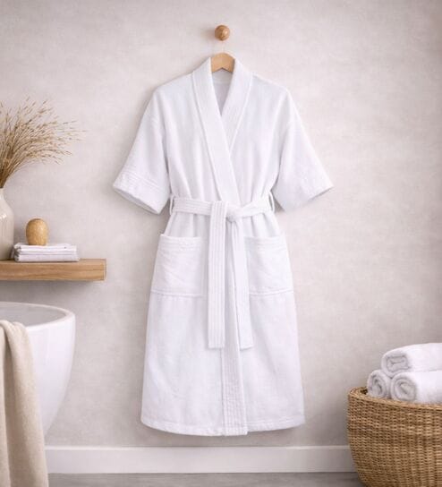 White Solid Cotton Women Bath Robe With Belt (S)