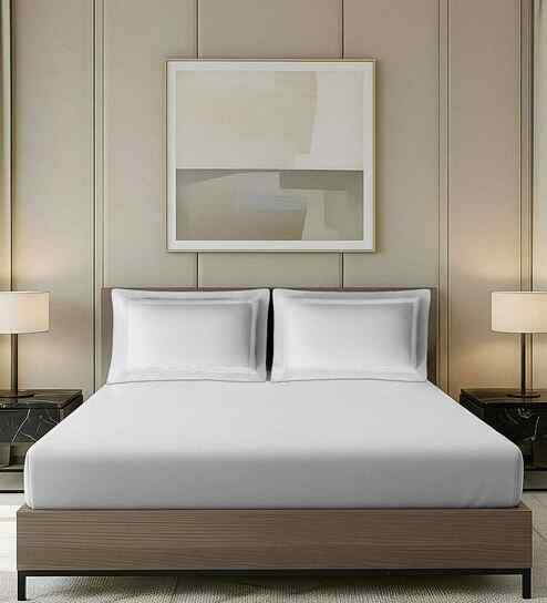 White Solid White With Geometric Embroidery 700 TC Cotton King Double Bedsheet With 2 Pillow Covers