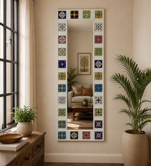 White Solid Wood Tile Mirror 5 Ft. Rectangular Wall Mirror