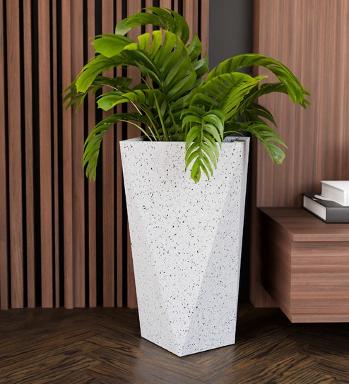 White Square Shaped Marble Polymer Floor Planter