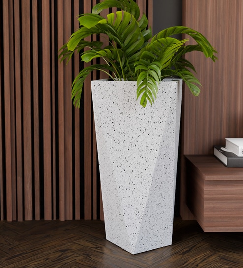 White Square Shaped Marble Polymer Floor Planter