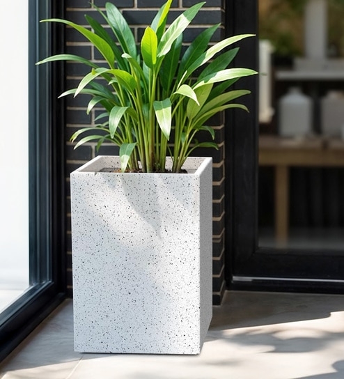 White Square Shaped Marble Polymer Floor Planter