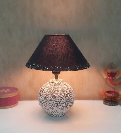 White Stone Finish Handpainted and hancarved Distress wooden Table lamp in Matka handcarved design with handpainted fabric shade