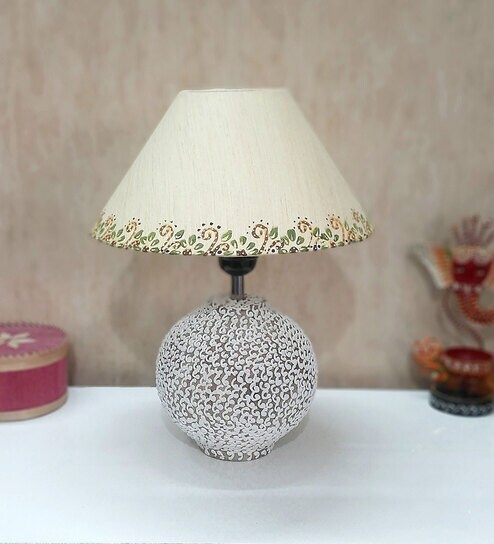 disoo fashions White Stone Finish Handpainted and hancarved Distress wooden Table lamp in Matka handcarved design with handpainted fabric shade-picture-26