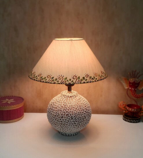 White Stone Finish Handpainted and hancarved Distress wooden Table lamp in Matka handcarved design with handpainted fabric shade