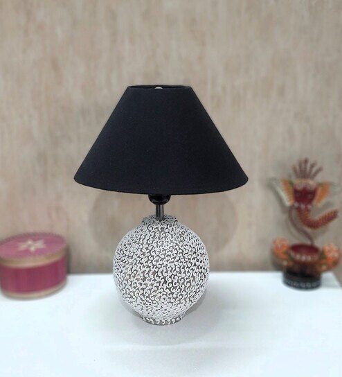 disoo fashions White Stone Finish Handpainted and hancarved Distress wooden Table lamp in Matka handcarved design with handpainted fabric shade-picture-22