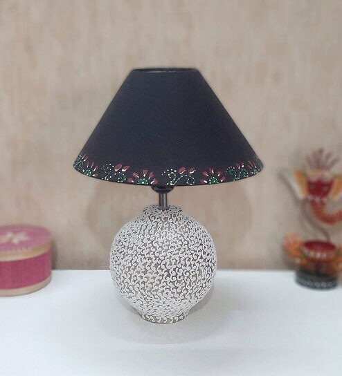 disoo fashions White Stone Finish Handpainted and hancarved Distress wooden Table lamp in Matka handcarved design with handpainted fabric shade-picture-17