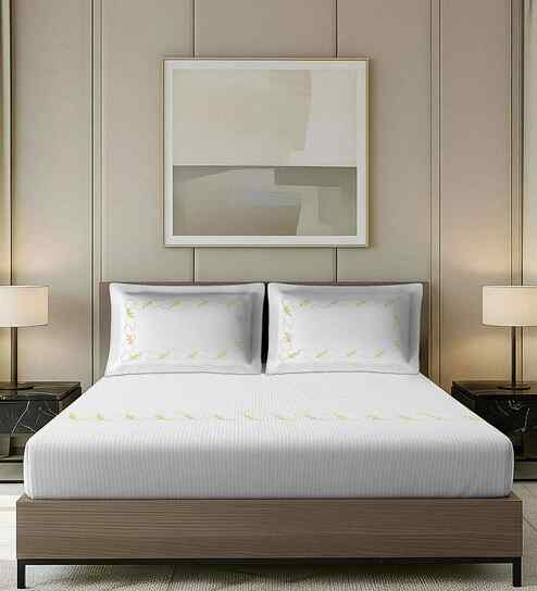 White Stripped Pattern With Floral Embroidery 500 Tc Cotton King Sized Double Bedsheet With 2 Pillow Covers