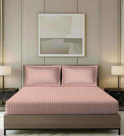 White Stripped Pattern With Scallop Borders 800 Tc Cotton King Sized Double Bedsheet With 2 Pillow Covers