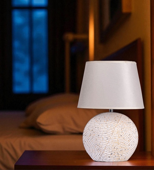White Table Lamp With Modern Design With Fabric Lampshade Ceramic Base