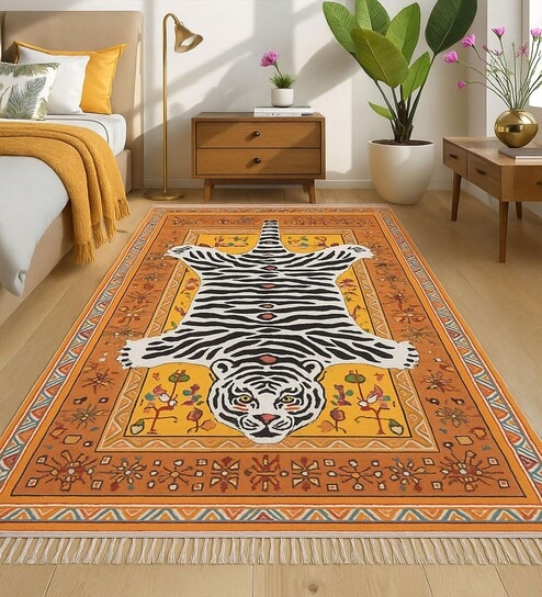 White Tiger Multicolor Printed Polyester 3 X 5 Feet Machine Made Carpet